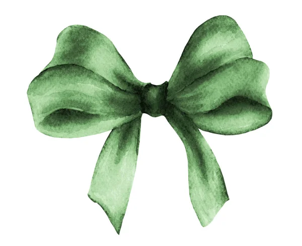 Green Gift Bow Watercolor Drawing — Stock Photo, Image