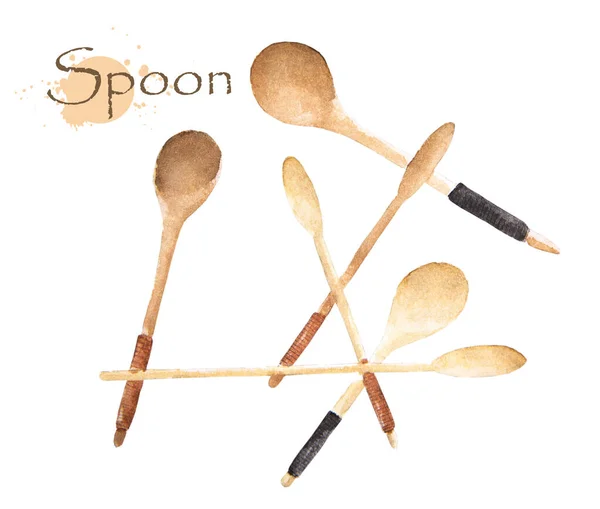 Wooden Spoons Watercolor Painting White Background — Stock Photo, Image