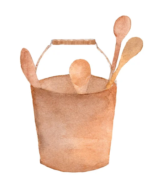 在白色背景下隔离的褐色水箱中的木制烹饪勺子 带有剪切路径 老式风格的水彩画 — 图库照片