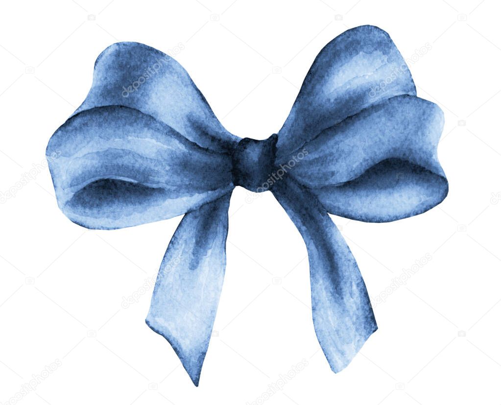 Blue gift bow. Watercolor drawing.