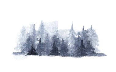 Beyaz arka planda barışçıl ladin ormanı. Sis ormanı manzarası. Suluboya çizimi.