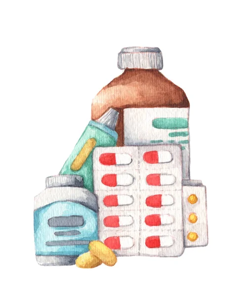 Különböző Gyógyszereket Izoláltak Fehér Alapon Tabletták Kapszulák Hólyagok Üveg Palackok — Stock Fotó