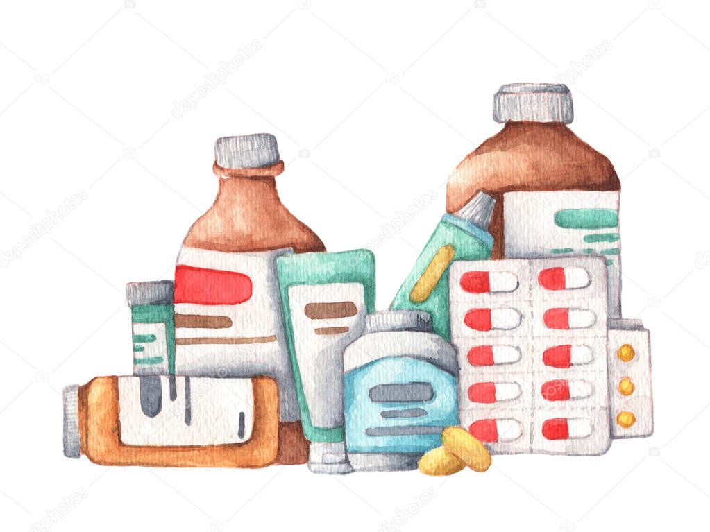 Various meds isolated on white background. Pills, capsules blisters, glass bottles, Drug medication & supplements collection. Watercolor illustration.