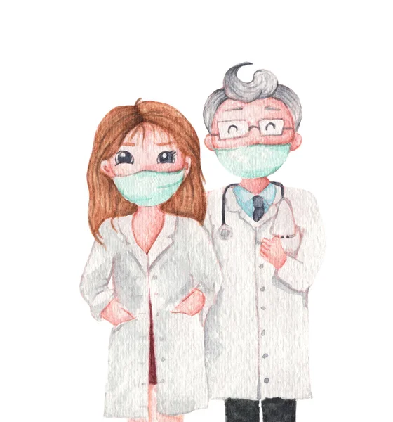 Doktor Lékařské Masce Izolované Bílém Pozadí Akvarel Ilustrace Kreslený Znak — Stock fotografie