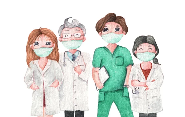 Tıbbi ekip ve personel, tıbbi maske takan doktor. Beyaz arka planda izole edilmiş. Suluboya çizim çizgi film karakteri.