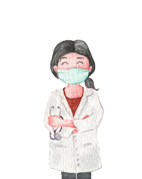 Dottore Che Indossa Una Maschera Medica Isolato Sfondo Bianco Acquerello — Foto Stock