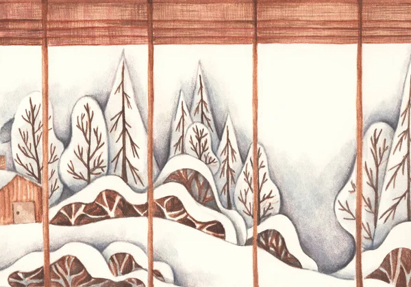 竹の木のカーテンとその背後に冬の景色を持つウィンドウ 雪と風景の山と冬の背景 抽象的な木 水彩画 — ストック写真