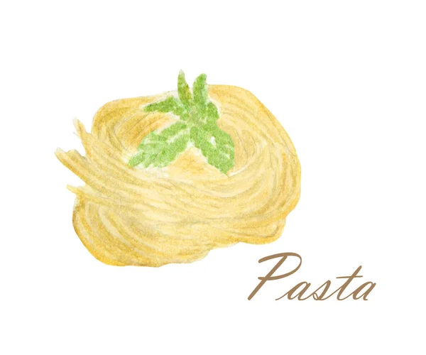 Acquerello Pasta Basilico Fondo Bianco Immagine Isolata — Foto Stock