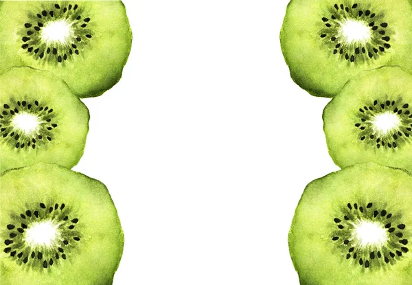 Kawałek Świeżego Owocu Kiwi Miejscem Akwarelę Malowaną Tekstowo — Zdjęcie stockowe