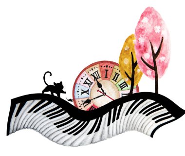 Kara kedi, fare, büyük saat ve piyano klavyesindeki şirin ağacın soyut suluboya el resmi