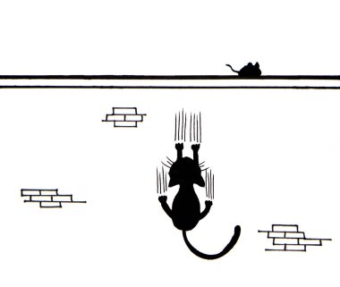 Duvarı tırmalayan bir kara kedi ve duvarda bir fare resmi