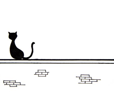 Elle çizilmiş şirin siyah kedi yazı için yeri olan duvarda oturuyor
