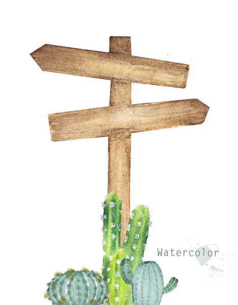 Segnavia Legno Acquerello Con Cactus Indicazioni Luoghi Diversi — Foto Stock