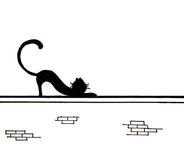 Disegnato Mano Carino Gatto Nero Sul Muro Con Posto Testo — Foto Stock