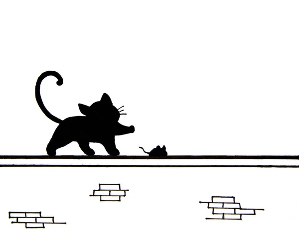 Ručně Kreslené Roztomilé Černé Kočky Myš Stěně Místo Pro Text — Stock fotografie