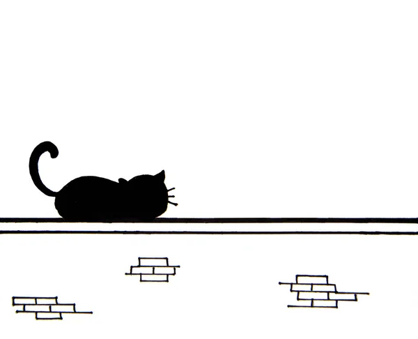Hand drawn of cute black cat sitting on wall with place for text
