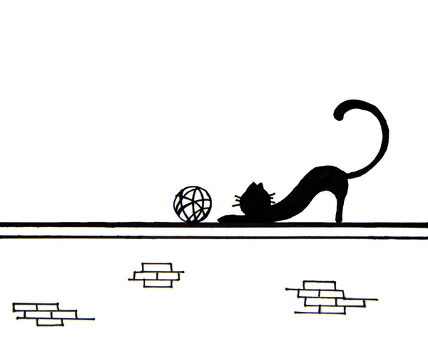 用一只可爱的黑猫和一个球在墙面上手绘文字 — 图库照片