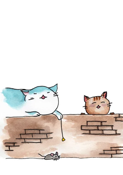 Ručně Kreslené Akvarel Obraz Cat Sedí Zdi Myš Místo Pro — Stock fotografie