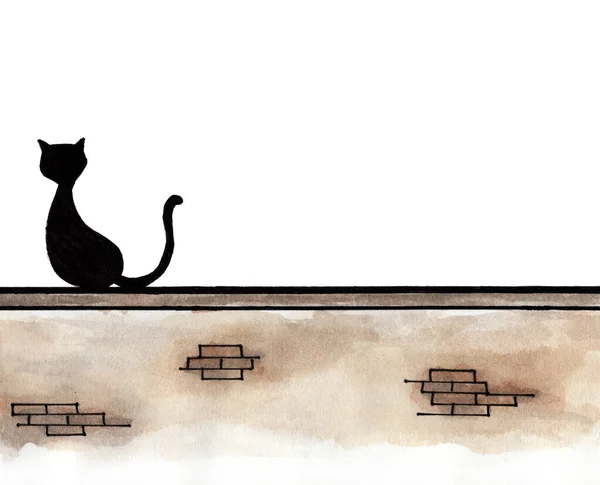 黑猫手绘水彩画 坐在墙上 原封未动 写意古色古香 — 图库照片