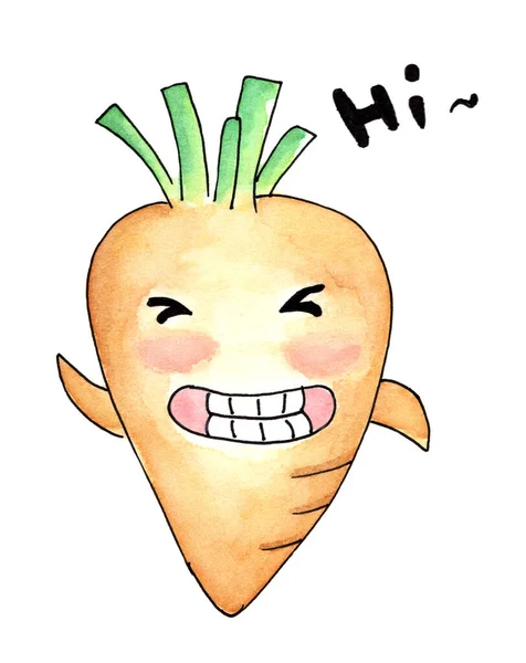 幸せニンジン野菜漫画のキャラクター笑顔の手描き水彩画 白い背景に隔離され — ストック写真