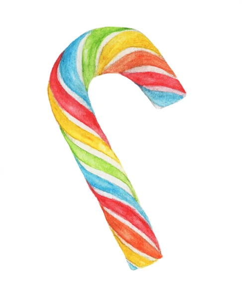 Rainbow Candy Cane Ізольований Білому Тлі Обрізаним Шляхом Ватерколірна Ілюстрація — стокове фото