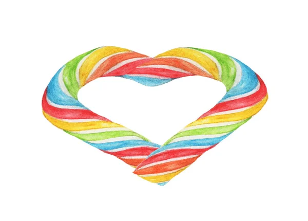 Hjärta Gjord Rainbow Candy Isolerad Vit Bakgrund Akvarell Illustration — Stockfoto