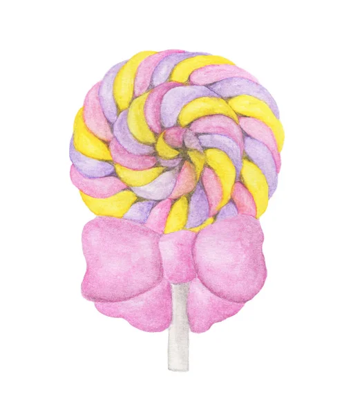 Zoete Lollipop Met Roze Lint Geïsoleerd Witte Achtergrond Aquarelillustratie — Stockfoto