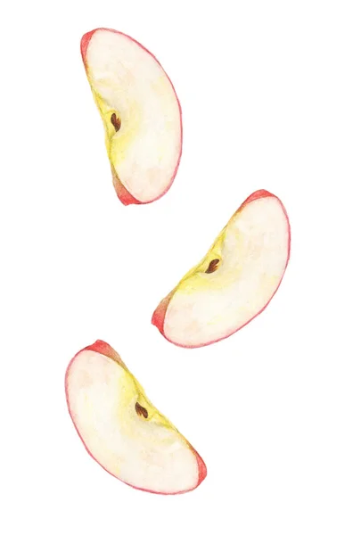 Flying Apple Wedges Three Falling Pieces Red Apple Fruit Isolated — Stock Photo, Image