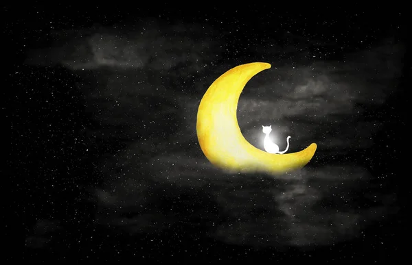 Черно Белое Ночное Небо Белой Кошкой Сидящей Луне Акварель Абстрактное — стоковое фото