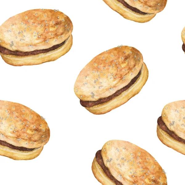 Zökkenőmentes Minta Hamburgerrel Fast Food Tapéta Kézzel Rajzolt Akvarell — Stock Fotó