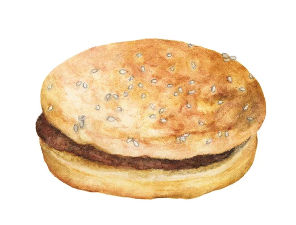 Akvarell Burger Med Kött Isolerad Vit Bakgrund Illustration För Livsmedelsdesign — Stockfoto