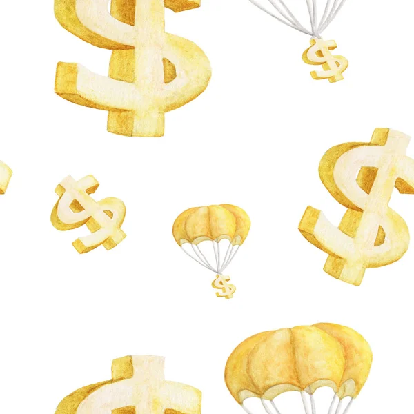 Nahtlose Aquarell Illustration Des Goldenen Dollars Und Des Dollarzeichens Fallschirmsprung — Stockfoto
