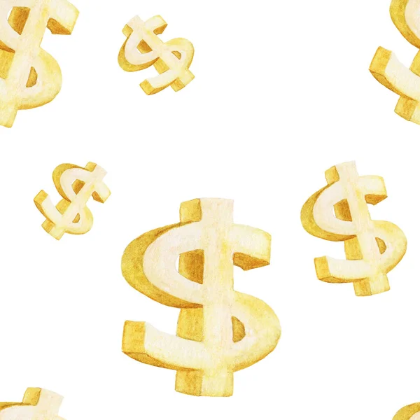 Nahtlose Aquarell Illustration Des Goldenen Dollars Auf Weißem Hintergrund — Stockfoto