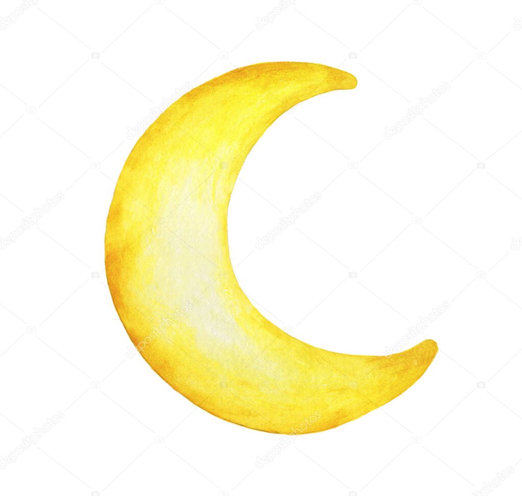 Yellow crescent moon painted isolation on white background - Watercolor illustration.
