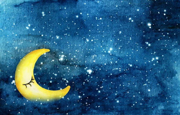 Hilal ay yüzlü ve yıldızlı gece gökyüzü soyut lekeli gece arkaplanı..