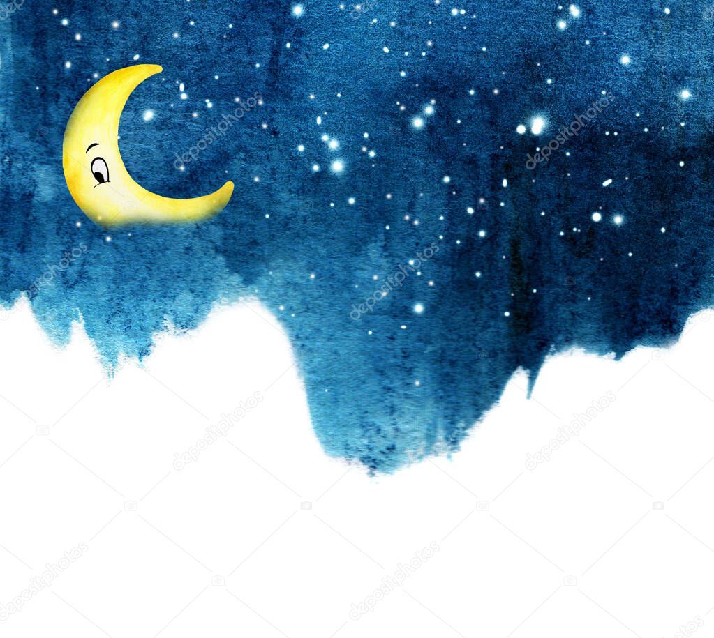 Night sky with Crescent moon face and stars watercolor abstract stain night sky background.