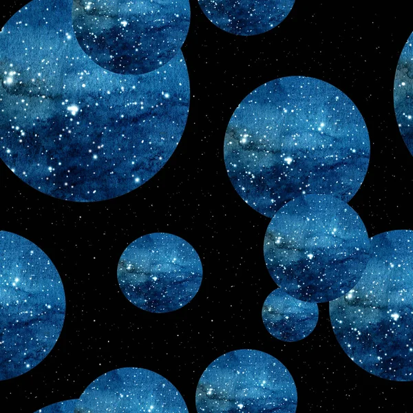 Naadloos Patroon Van Aquarel Blauw Donkere Hemel Sterren Cirkels Zwart — Stockfoto
