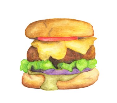 Elle boyanmış Burger suluboya, beyaz arka planda izole edilmiş sığır burger, kırpma yolu, fast food menüsü öğesi illüstrasyon, klasik tarzda yemek çizimi. 