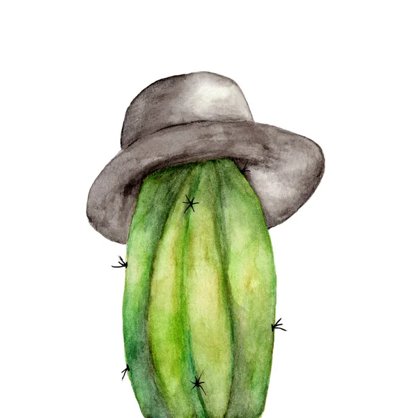 Ręcznie Malowany Akwarela Kaktusów Noszenie Kapelusza Izolowane Białym Tle — Zdjęcie stockowe