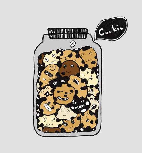 Glass jar full of chocolate chip cookies. Cartoon cute doodles dessert. Hand drawn line art frame. Line art detailed.