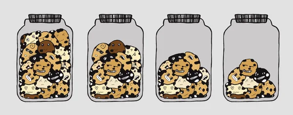 Sequence of jar of cookies from full to empty. Cartoon cute doodles dessert. Hand drawn line art frame. Line art detailed.