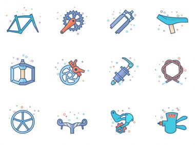 Bisiklet bölüm simgeler dizi düz renkler tarzı.