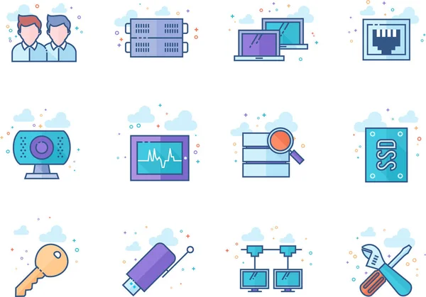Computer Netwerk Pictogram Serie Egale Kleurstijl Vectorillustratie — Stockvector
