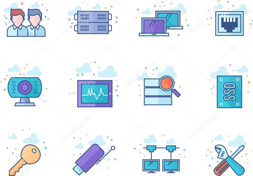 Computer network icon series in flat color style. Vector illustration.