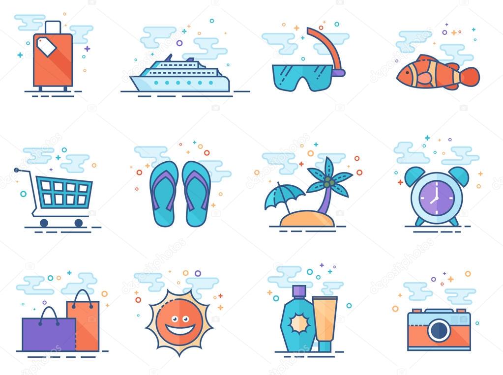 Travel icon set in flat colors style. Vector illustration.