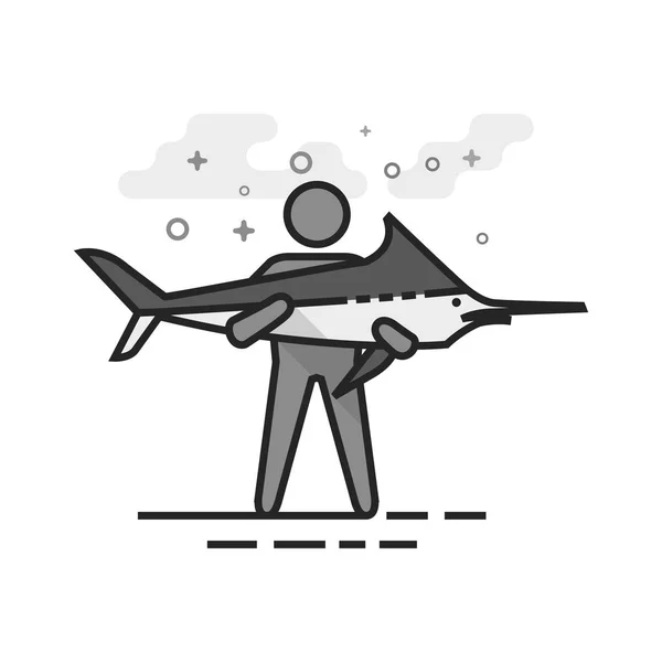 Icona in scala di grigi piatta - Uomo che tiene il pesce — Vettoriale Stock