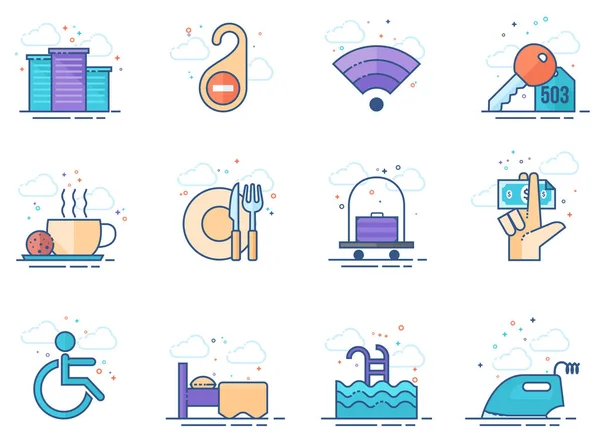 Hotel Icons Flat Color Style Vector Illustration — Stock Vector