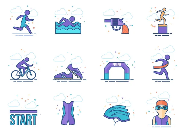 Série Ícone Triathlon Estilo Cores Planas Ilustração Vetorial — Vetor de Stock