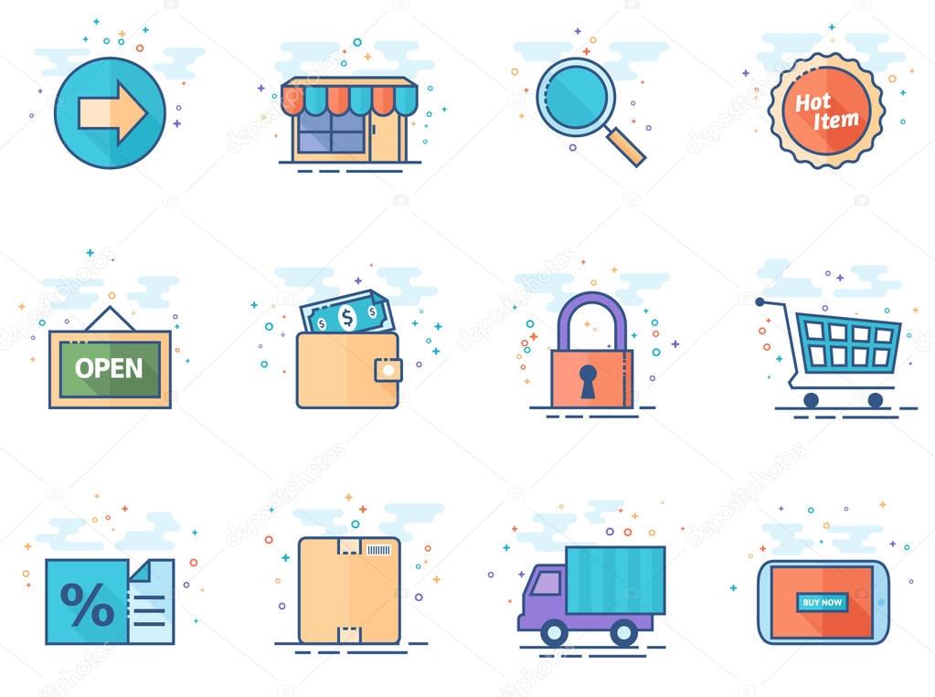 Ecommerce icon icon series in flat color style. Vector illustration.