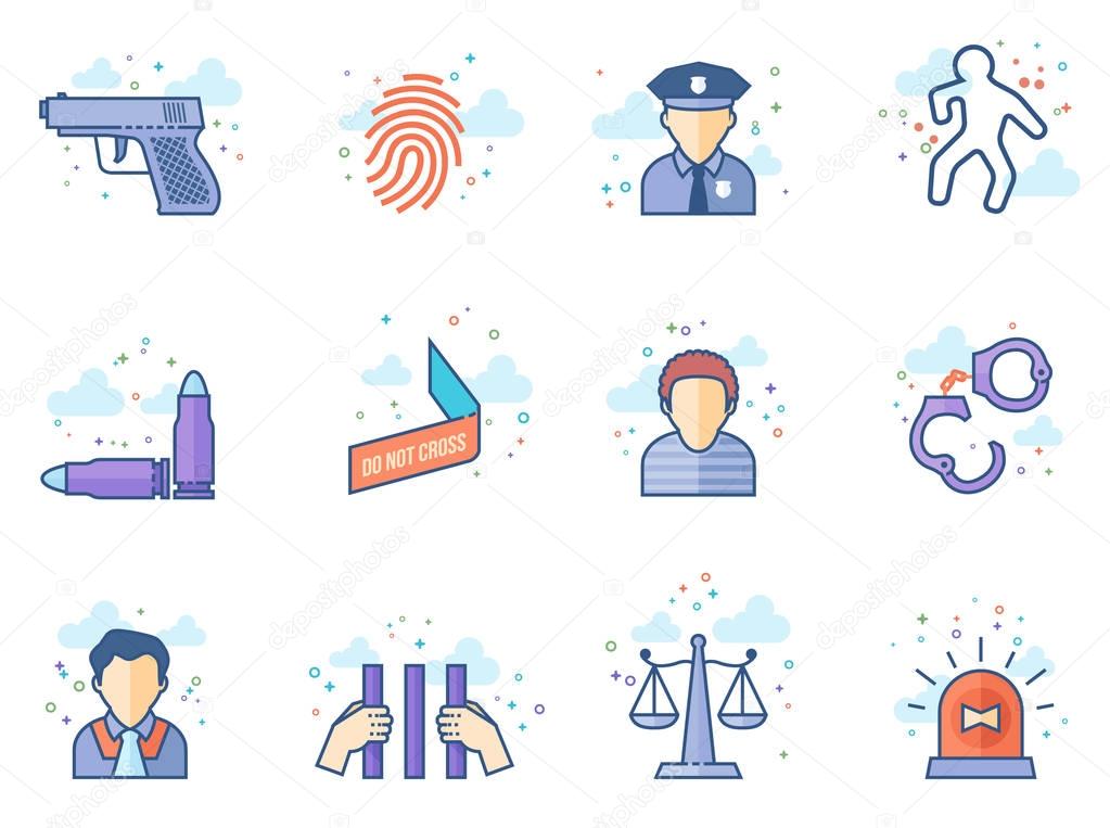 Crime icons in flat color style. Vector illustration.